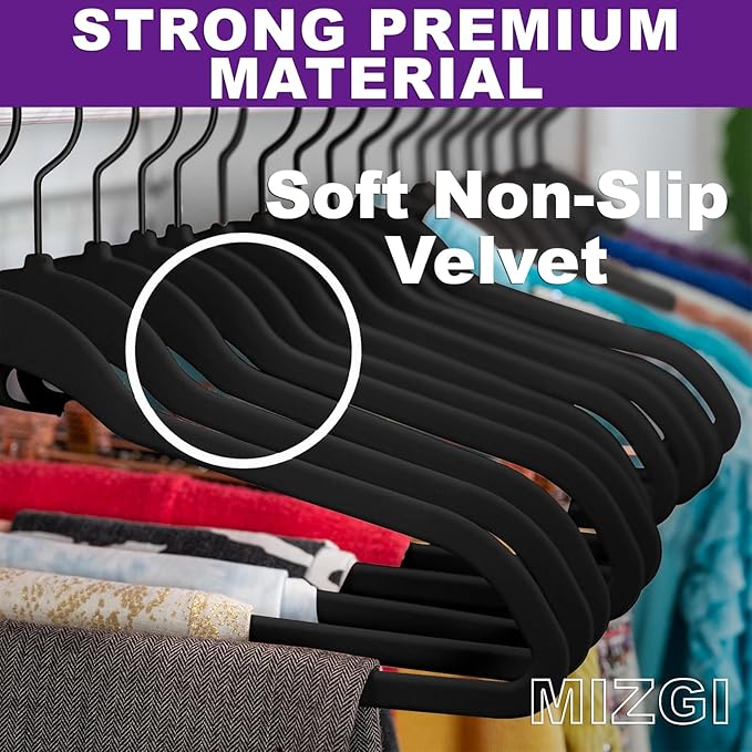 MIZGI All Black Velvet Hangers 60 Pack, Premium Flocked Clothes Hangers - Image 3