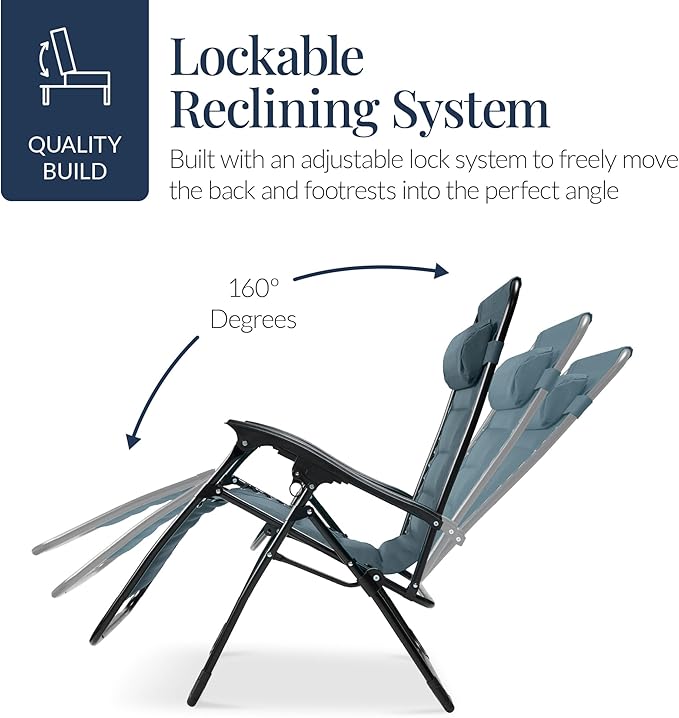Best Choice Products Oversized Padded Zero Gravity Chair, Folding Outdoor Patio Recliner, XL Anti Gravity Lounger for Backyard w/Headrest, Cup Holder, Side Tray, Polyester Mesh - Slate Blue - Image 7