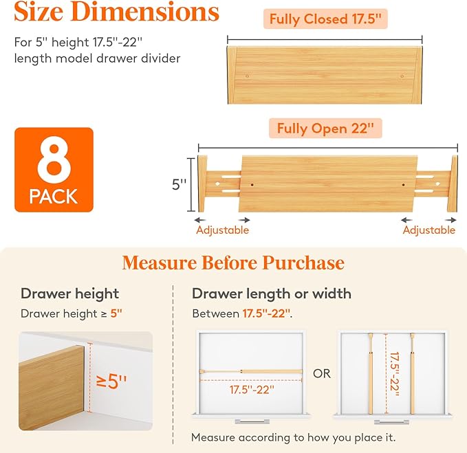 Lifewit 5" High 8 Pack Bamboo Drawer Dividers 45-55cm/17.5-22" Adjustable - Image 2
