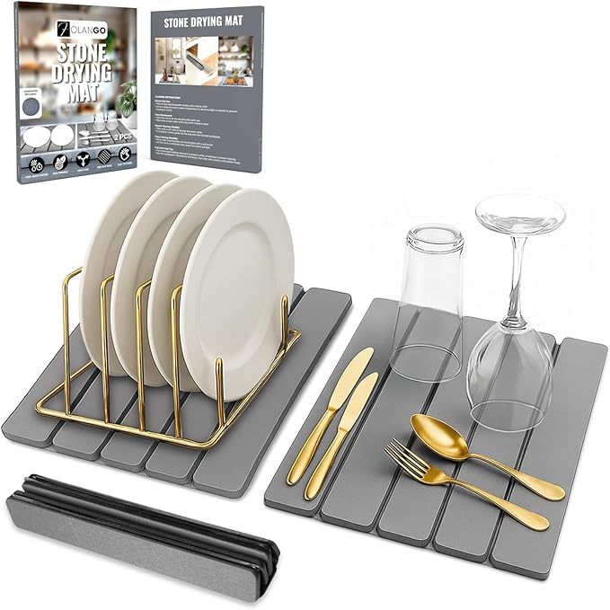 Large Foldable Stone Dish Drying Mat – Diatomaceous Earth, 2 Pack or 24"x16" by FOLANGO