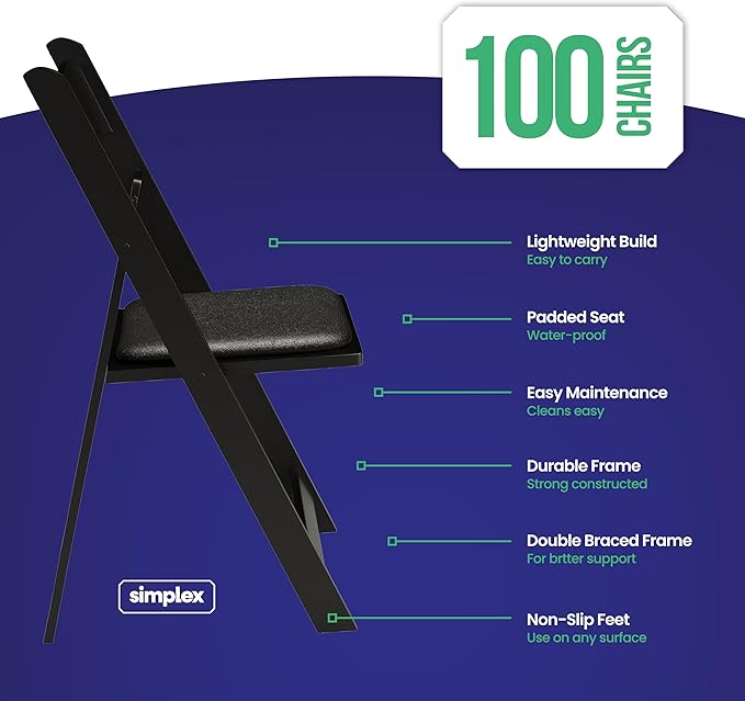 100 Black Resin Stackable Folding Chair - Comfortable Black Foldable Chair - Folding Chairs with Padded Seats - Indoor/Outdoor Folding Chairs for Events - Lightweight Foldable Chairs (100 Pack) - Image 2