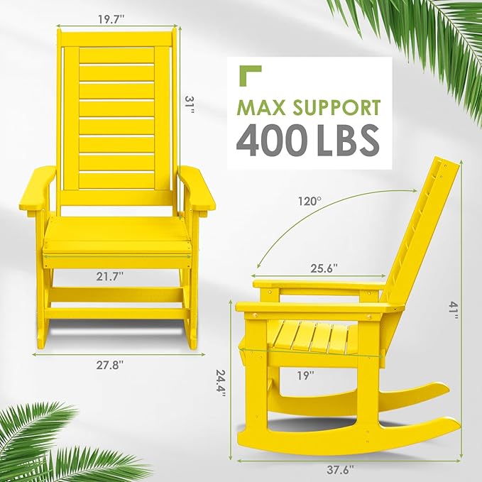 GREENVINES Outdoor Rocking Chair Set | 3-Piece | 2 Rocking Chairs with 1 Side Table | Porch Rocker | HDPE Plastic | Yellow | Patio Furniture Sets | High Back | Big & Tall | Ladder Back - Image 3