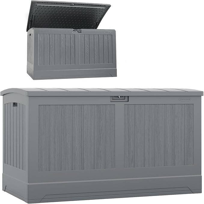 Suncast 200-gal. All-Weather Patio Deck Box, Made in the USA, with Pad-Lockable Lid, Extra-Large Outdoor Storage Unit for Patio Furniture and Grill Tools, Dove Gray Color by Suncast