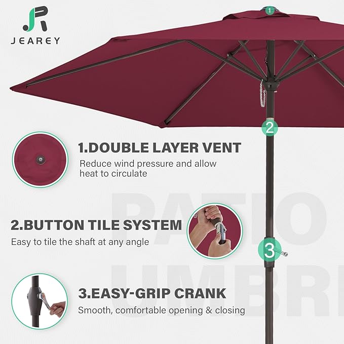 JEAREY 7.5FT Patio Umbrella Market Table Umbrella with 6 Sturdy Ribs, Push Button Tilt/Crank Outdoor Umbrella for Garden, Deck, Backyard, Pool and Beach,Burgundy - Image 2