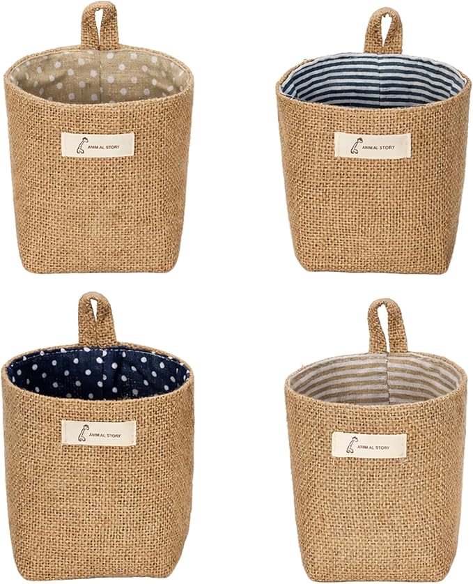 4 Pack Wall Hanging Storage Bags Hanging Storage Bags Cotton Linen Storage - Image 2