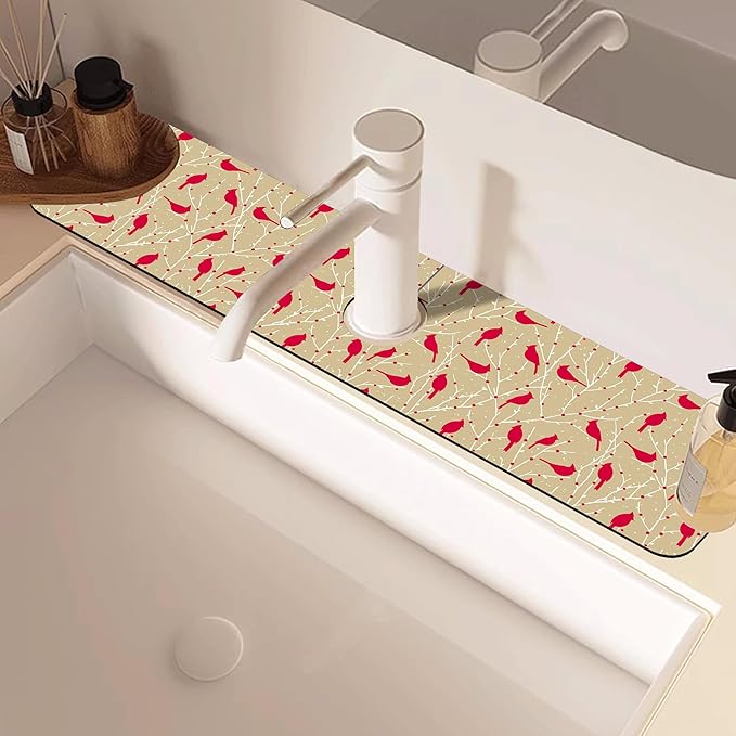 Christmas Cardinal Birds Kitchen Sink Splash Guard Mat Absorbent Fast Drying - Image 2