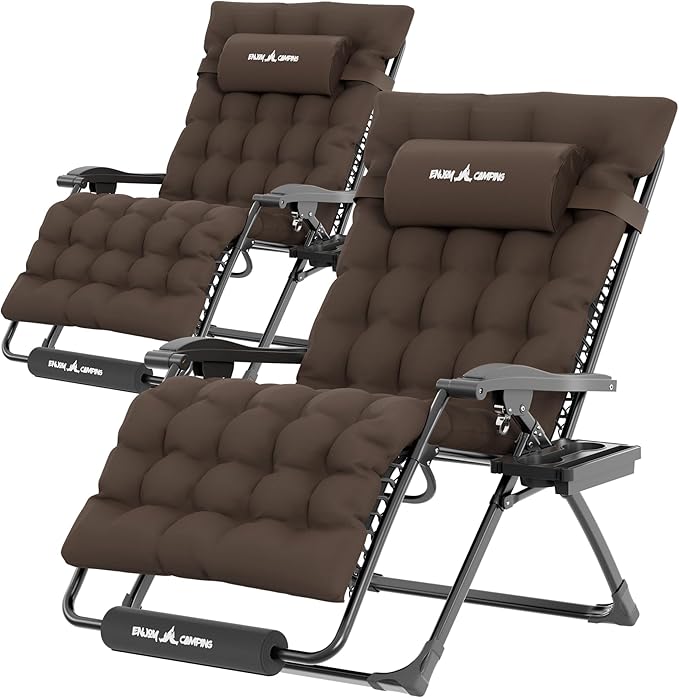 UDPATIO Oversized Zero Gravity Chair Set of 2, 33In XXL Patio Reclining Chair with Cushion, Outdoor Folding Recliner with Pillows|Cup Holder|Foot Rest|Padded Headrest, Brown Grey, Support 500LB by UDPATIO