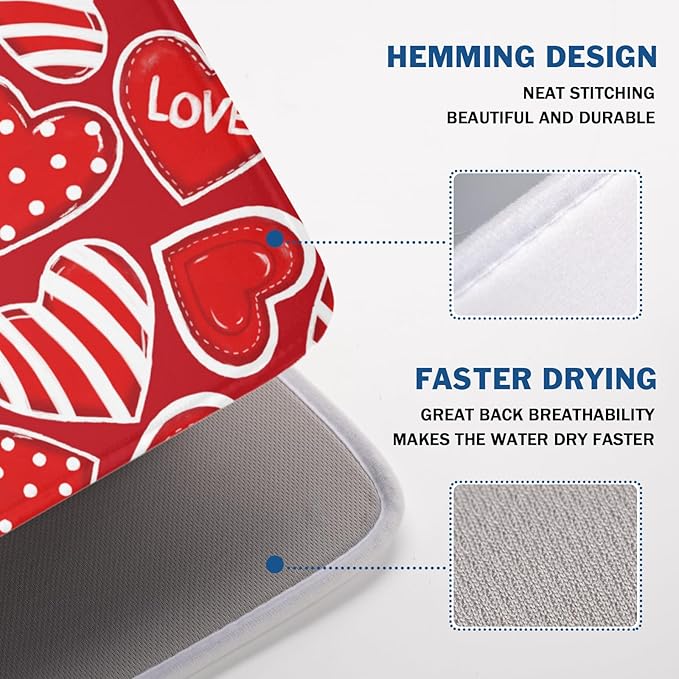 Valentines Day Dish Drying Mat for Kitchen Counter Red Polka Dot Stripe Love - Image 4