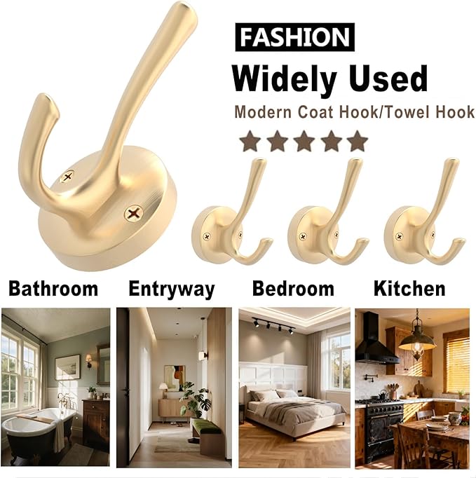 Gold Wall Hooks, 6 Pack Coat Robe Hook Heavy Duty Metal Double Bath Hook Wall - Image 6