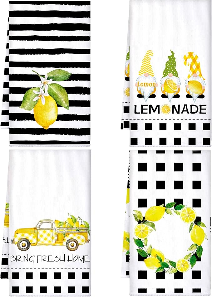 Bencailor 4 Pcs Lemon Kitchen Towels Lemonade Dish Towels Gnome Black and White by Bencailor