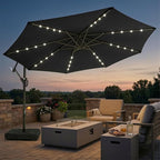 wikiwiki 10ft Solar LED Patio Umbrella with Base Included, Offset Umbrella with Weighted Sandbag Base, Cantilever Patio Umbrellas for Backyard, Garden & Deck, 32 LED Lights & Polyester Shade, Black by WikiwikiPatioUmbrellas