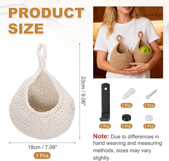 uxcell Hanging Fruit Baskets for Kitchen, Hand-Woven Wall Hanging Storage Jute - Image 2