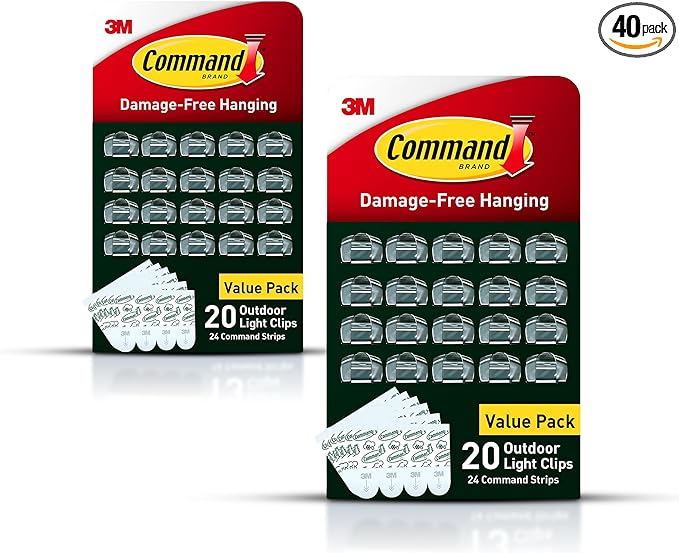 Command Outdoor Light Clips, 40 Clear and 48 Strips, Damage Free Hanging by Command