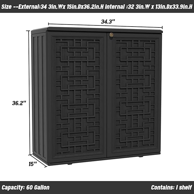 Outdoor Storage Cabinet Waterproof with Shelf,Resin Storage Sheds Outdoor Cabinets for tub Towels/Chemicals/Grill Items/Patio/Garden/Backyard, Size 34.3''L*15''W*36.2''H（Black） - Image 5