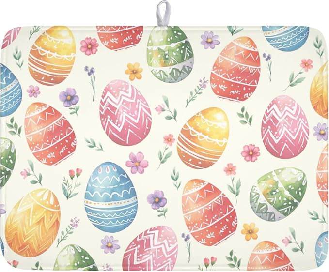 Easter Dish Drying Mat for Kitchen Counter Colorful Easter Eggs Floral Pattern by Kawani