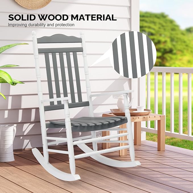 VINGLI Wooden Rocking Chair, Outdoor Chair with 450 lbs Support, Relaxing Rocker with Solid Wood High Back Seat Reclining Seat for Deck, Garden, Backyard, Porch (White & Grey, 2PCS) - Image 5