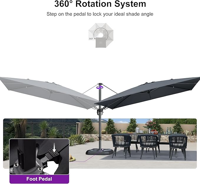 PURPLE LEAF 11.5' X 8.2' Tilting Patio Umbrella with Base Outdoor Cantilever Swivel Rectangle Umbrella Aluminum Offset Umbrella with 360-degree Rotation for Garden Deck Pool Patio Light Grey - Image 7