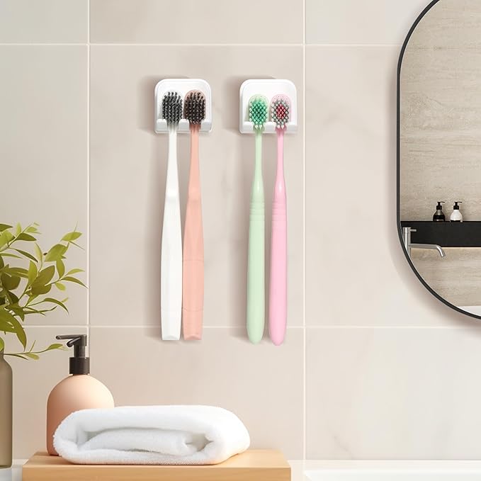 2-Piece Set of White self-Adhesive Wall-Mounted Waterproof Toothbrush Holders - Image 3