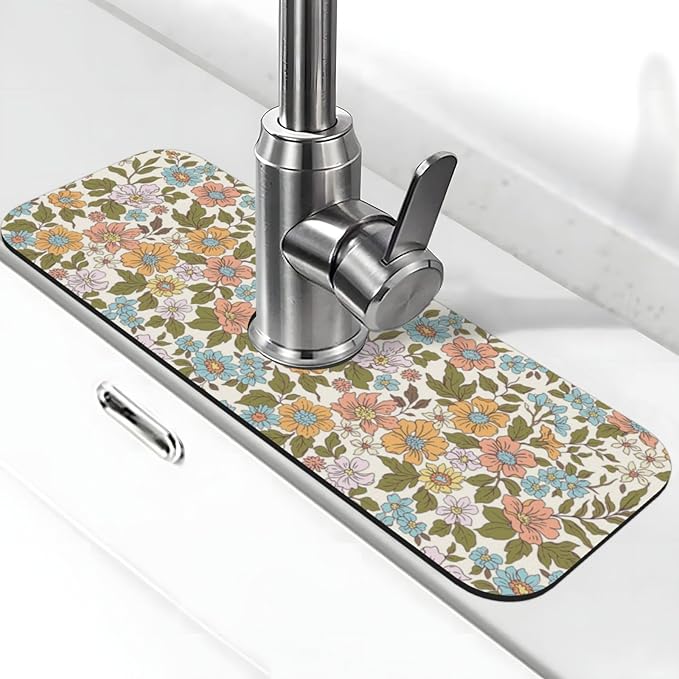 Faucet Draining Mat For Kitchen Sink, Colorful Flowers Floral Diatom Mud by indokyeyqaz