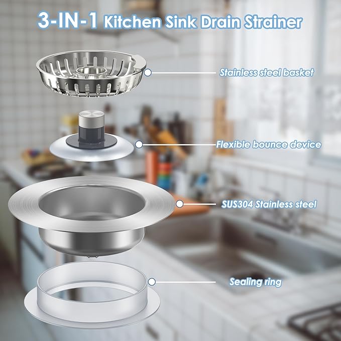 Semour 3 in 1 Kitchen Sink Drain Strainer, 304 Stainless Steel Kitchen Sink - Image 7