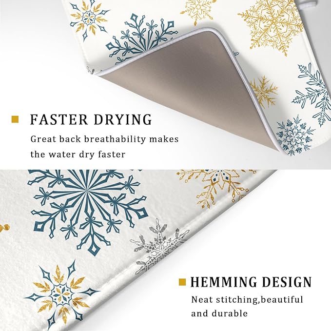 Winter Dish Drying Mat for Kitchen Counter Blue Golden Snowflake Holiday Xmas - Image 3