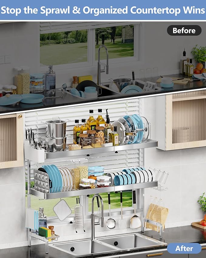 3 Tier Extra Large Over The Sink Dish Drying Rack, Expandable Stainless Steel - Image 7