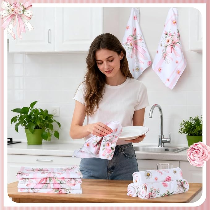 Breling Set of 6 Pink Bow Kitchen Towels Coquette Floral Dish Towel Bathroom - Image 5