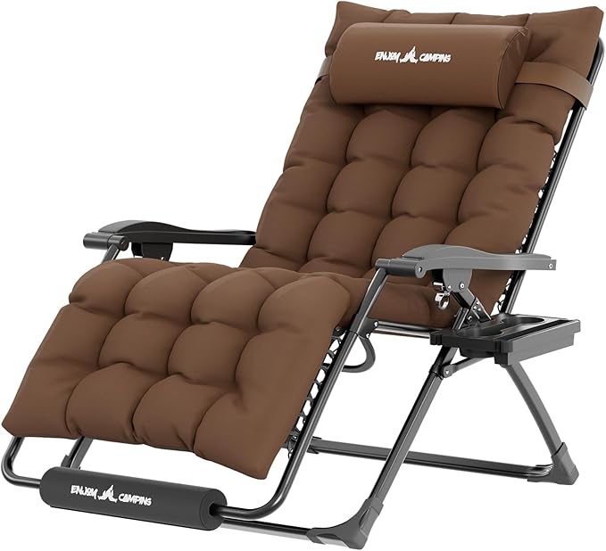 UDPATIO Oversized Zero Gravity Chair 29In XL Patio Reclining Chair with Cushion, Outdoor Folding Recliner with Pillows|Cup Holder|Foot Rest|Padded Headrest, Brown, Support 500LB by UDPATIO
