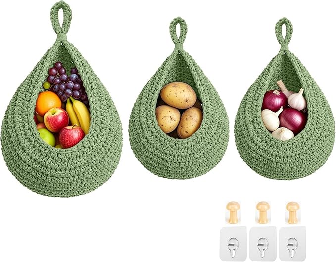 Halidali Hanging Fruit Baskets for Kitchen, 3 Pack Boho Cotton Rope Handwoven by Unknown
