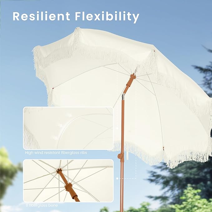 PHI VILLA 7ft Beach Umbrella with Fringe & Sand Anchor, Outdoor Patio Heavy Duty Windproof Portable Tassel Umbrellas for Sand with Push Button Tilt & Carrying Bag, UPF 50+, White(No Base) - Image 4