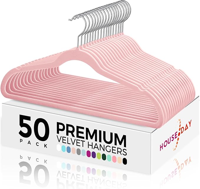HOUSE DAY Premium Velvet Hangers 50 Pack Pink, Non-Slip Flocked Felt Hangers by HOUSEDAY