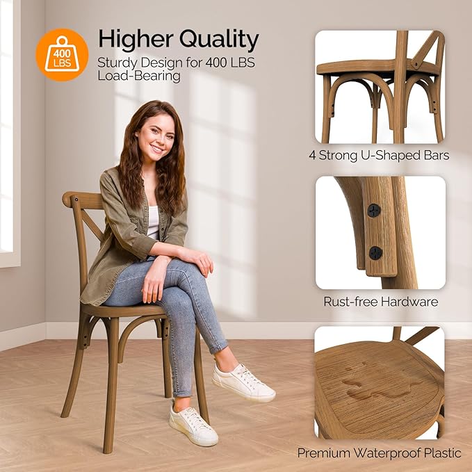 VINGLI Plastic Outdoor Dining Chairs Set of 6, Stackable Patio Farmhouse Brown Dining Chairs with X Back, Waterproof Kitchen & Dining Room Chairs for Indoor-Outdoor, Capacity 400 lbs - Image 5