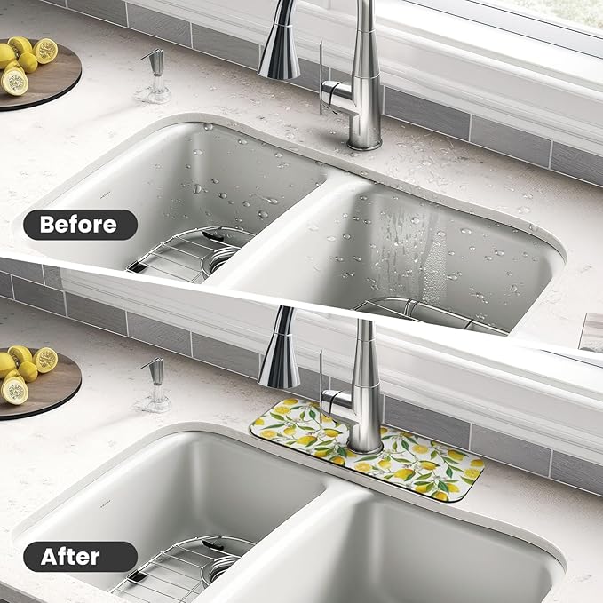 Yellow Lemon Teal Kitchen Sink Splash Guard Faucet Mat 1 Pcs, Absorbent Fast - Image 4