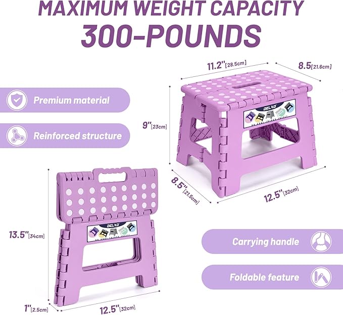 Delxo 9 inch Folding Step Stool, Non-Slip Foldable Small Stools Up to 300 LBS, Kids Step Stool with Handle Lightweight for Kitchen, Bathroom, Bedroom, Garden, Light Purple, 1PC - Image 2