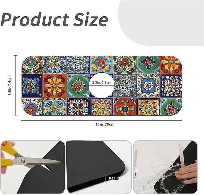 Kitchen Sink Splash Guard，Colorful Mexican tile Faucet Mat Sink Gadgets-Super - Image 3