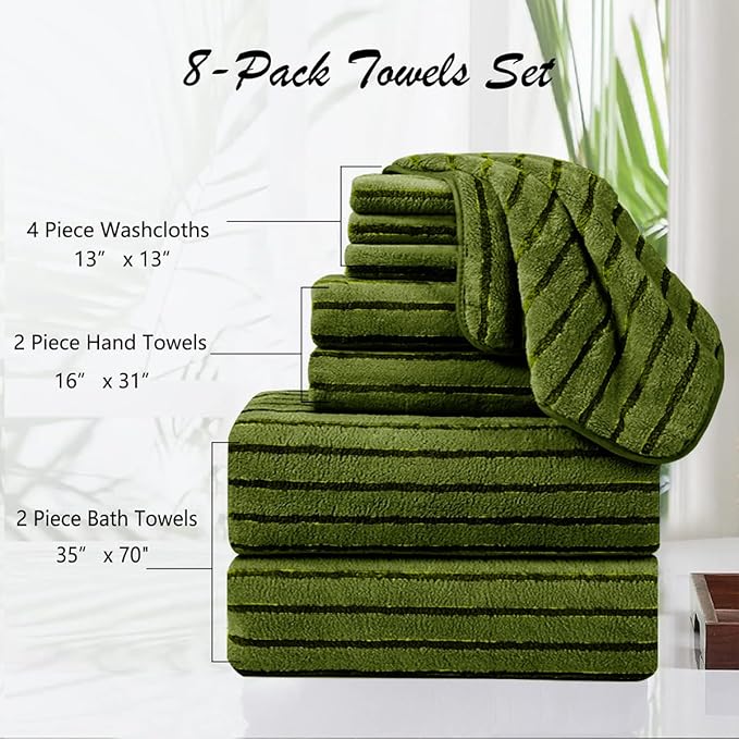 8 Pcs Army Green Cabana Stripe Large Bath Towel Set Oversized Bath Sheet-2 Bath - Image 3