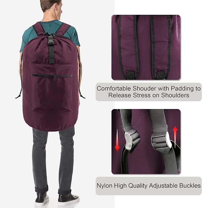 BeeGreen Laundry-Bag-Backpack-Heavy-Duty, Burgundy Nylon Drawstring Portable - Image 6