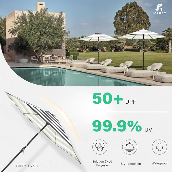 JEAREY 7.5FT Patio Umbrella Outdoor Market Umbrella with 6 Sturdy Ribs, Push Button Tilt/Crank Table Umbrella for Garden, Deck, Backyard and Pool, Beige & Black Stripe - Image 5