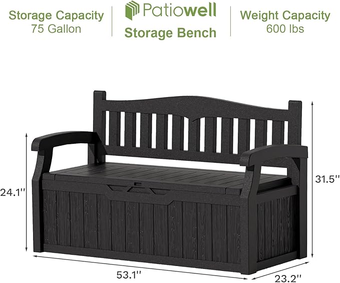 Patiowell 75 Gallon Plastic Storage Bench, Water-Resistant Deck Box for Patio Furniture, Garden Tools, Pool Storage and Outdoor Cushions, Black - Image 3
