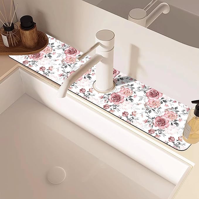 Pink Rose Floral Kitchen Sink Splash Guard Mat Absorbent Fast Drying Mat Faucet - Image 2
