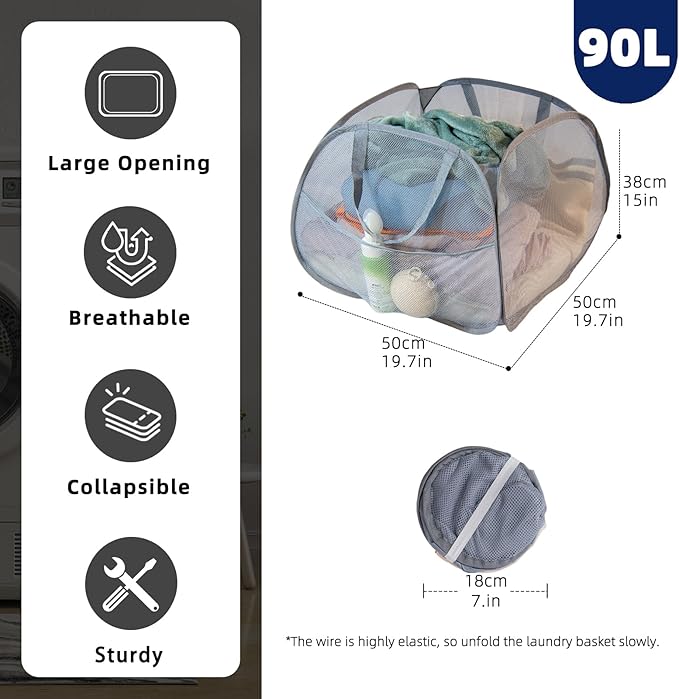 Collapsible Laundry Basket 90L, Foldable Mesh Pop-up Laundry Hamper - Image 2