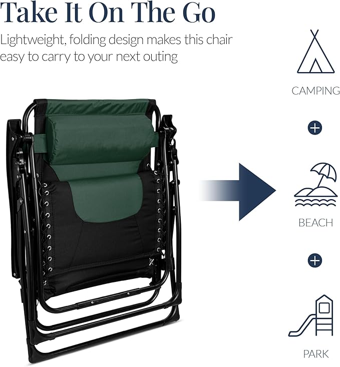 Best Choice Products Oversized Padded Zero Gravity Chair, Folding Outdoor Patio Recliner, XL Anti Gravity Lounger for Backyard w/Headrest, Cup Holder, Side Tray, Polyester Mesh - Forest Green - Image 7