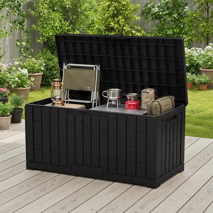 NEWBULIG 60 Gallon Deck Box, Waterproof Outdoor Storage Box with Lockable Lid, Patio Furniture Bench & Side Table, Outside Storage Container, Tool-Free Assembly, for Garden, Pool, Black - Image 7