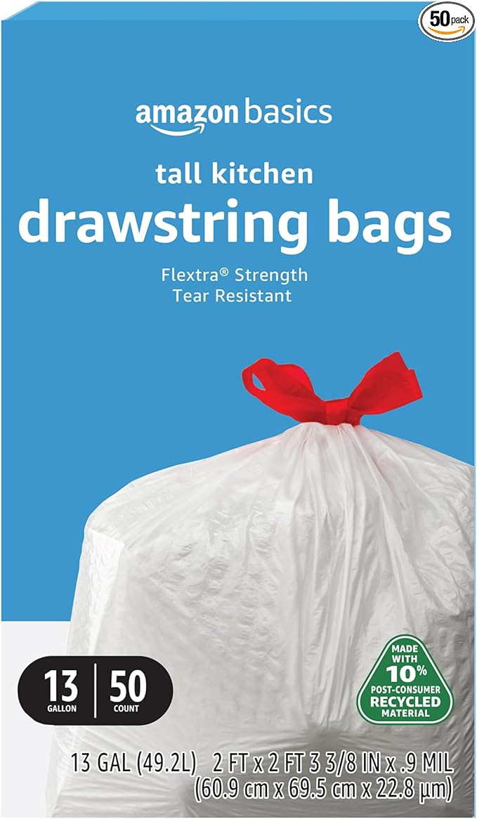 Amazon Basics 13 Gallon Tall Kitchen Drawstring Trash Bags, Flextra Strength by AmazonBasics