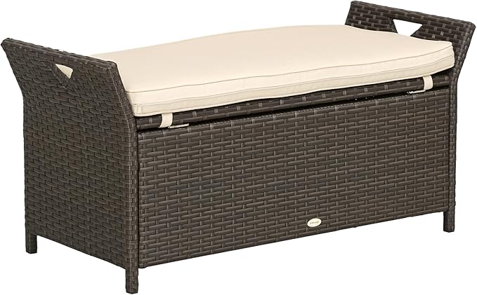 Outsunny 29 Gallon Patio Wicker Storage Bench, Outdoor PE Rattan Patio Furniture, 2-in-1 Large Capacity Rectangle Garden Storage Box with Handles and Cushion, Cream White by Outsunny