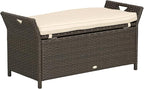 Outsunny 29 Gallon Patio Wicker Storage Bench, Outdoor PE Rattan Patio Furniture, 2-in-1 Large Capacity Rectangle Garden Storage Box with Handles and Cushion, Cream White by Outsunny