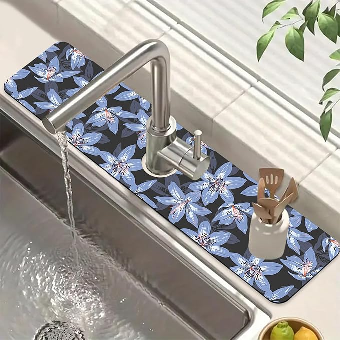 Blooming Lily Sink Splash Guard Faucet Mat Blue Lily Flowers Super Absorbent by Unknown