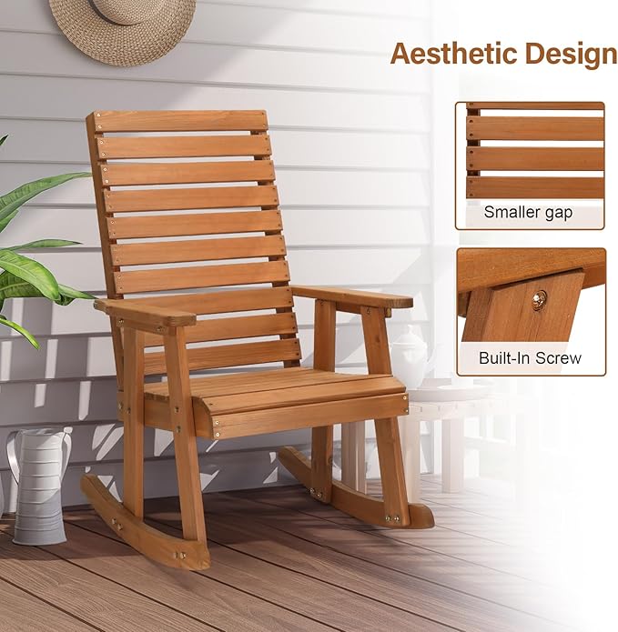 VINGLI Wooden Rocking Chair with High Backrest, Solid Fir Wood, Heavy Duty 600 LBS Patio Rockers for Indoor and Outdoor, Garden, Yard, Patio - Image 5