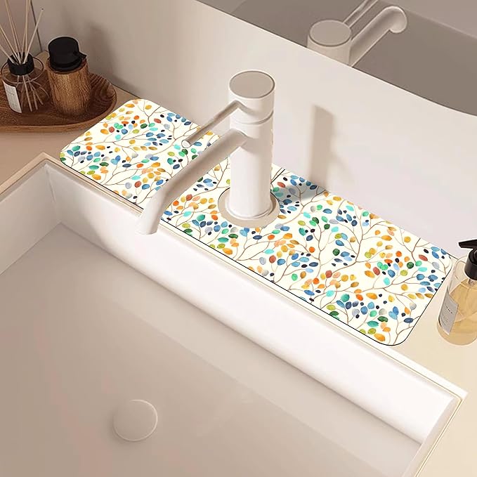 Abstract Watercolor Leaves Sink Faucet Absorbing Mat Sink Splash Guard Faucet - Image 2