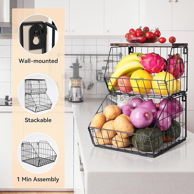 2 Tier Stackable Wall Mounted Hanging Basket, Fruit Basket - Image 3